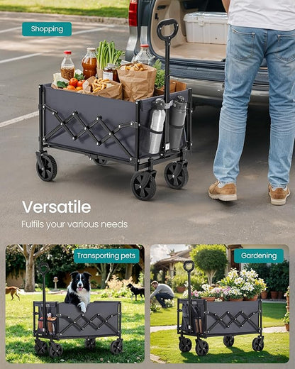 SONGMICS Small Collapsible Wagon with 400 lb Dynamic Weight Capacity, Foldable Wagon Cart, Folding Camp Cart with Wheels, for Outdoor, Yard, 90 L, Slate Gray UGFW909G01