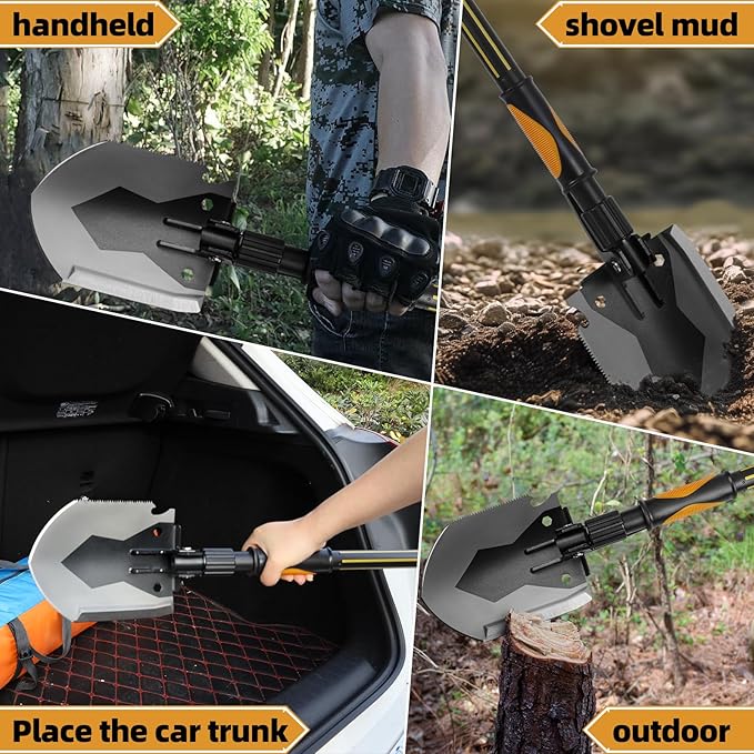 28" Tactical Folding Shovel Military Multi-Tool - Entrenching Tool with Pick/Axe/Saw, Carry Case - Portable for Car, Camping,Snow, Hiking, Survival Gear
