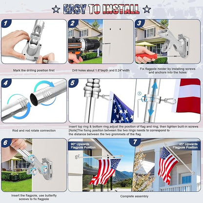 REERON Flag Pole for House, 6 FT Stainless Steel Spinning Flag Pole Kit, 1" Rustproof Porch Flagpole with 360° Tangle Free Metal Flagpole Rings & 2-Position Bracket for Outdoor Sport for 3x5 Flags