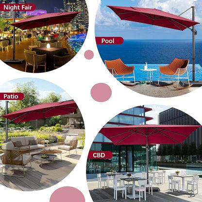 Hotime 10ft Patio Umbrella Outdoor Patio Windproof and Height adjustable, Heavy Duty Aluminum Square Offset Patio Umbrella Cantilever Pool Umbrella with 360°Rotation for Garden Deck Pool, Wine Red