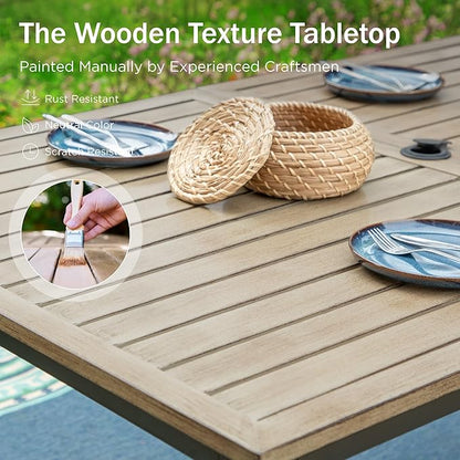 PHI VILLA 7 Pieces Outdoor Dining Set for 6, 65” Wood-Like Metal Steel Dining Table & Rattan Wicker Chairs with Cushions, Large Dining Furniture Set for Patio, Deck, Yard, Porch