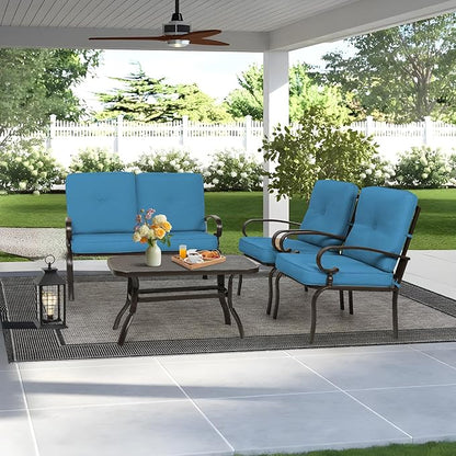 5Pcs Outdoor Furniture Patio Conversation Sets Loveseat, 2 Motion Spring Chairs with Coffee Table, Metal Frame Chair Set (Peacock Blue)