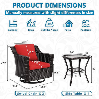 Vista Vibe 3 Pieces Outdoor Patio Conversation Furniture Set - 360 Degree Swivel Glider Rocker Chairs | Wicker End Table, Washable Cushions, Hand-Woven PE Rattan, Lawn, Sunroom (Brown/Red)