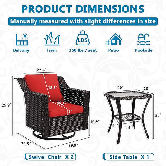 Vista Vibe 3 Pieces Outdoor Patio Conversation Furniture Set - 360 Degree Swivel Glider Rocker Chairs | Wicker End Table, Washable Cushions, Hand-Woven PE Rattan, Lawn, Sunroom (Brown/Red)