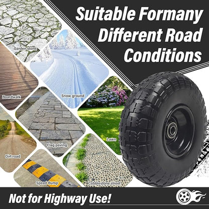 10" Solid Rubber Tires, 2 Pack Flat Free 4.10/3.50-4'' Wheels with 5/8” Axle Bore Hole and Double Sealed Bearings - Compatible with Hand Truck, Wheelbarrow, Dolly, Gorilla Carts, Black