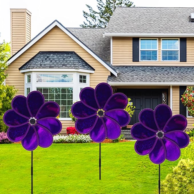 4PCS Flower Wind Spinner Sparkly Lawn Pinwheel 11.8 inch Garden Windmill for Garden, Party, Mardi Gras，Christmas Outdoor, Yard Decor
