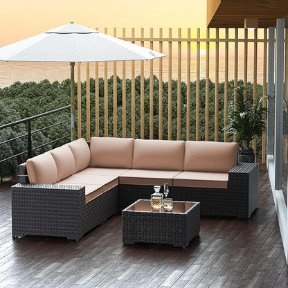 Outdoor Patio Furniture Set, 6 Pieces Outdoor Furniture All Weather Patio Sectional Sofa PE Wicker Modular Conversation Sets with Coffee Table,5 Chairs & Seat Clips Brown