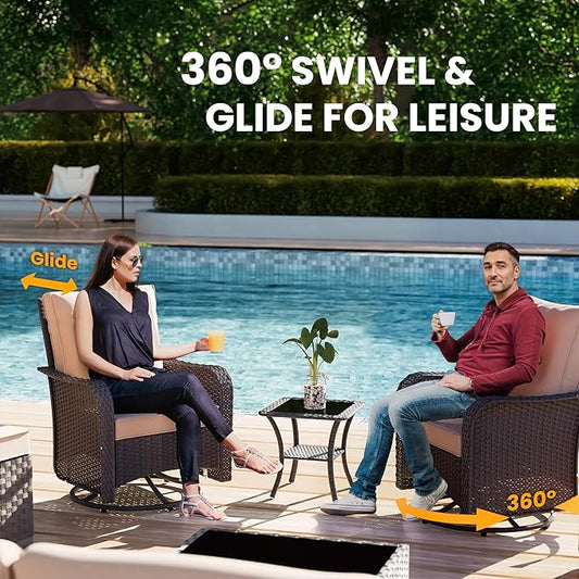 11 Pieces Outdoor Patio Furniture Set Outdoor Furniture Patio Sectional Sofa Conversation Sets w/ETL Approved 45" Gas Outdoor Fire Table & Coffee Table, Swivel Rocking Chair Brown