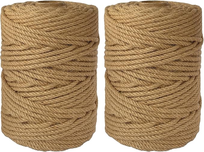 2-Pack Natural Jute Twine Rope, 6mm x 656ft Heavy Duty & Eco-Friendly - for Crafts, Gardening, Cat Scratching Post, Bundling & Hanging, 328Feet/Roll