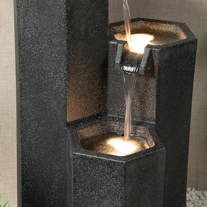 27.95" H Outdoor Water Fountain Made with Eco-Friendly Recyclable Materials, Polyethylene Cascading Waterfall Fountain, Garden Waterfall Decor with LED Light & Pump for Patio, Backyard