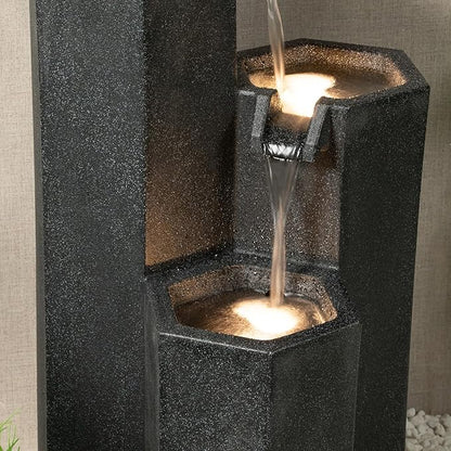 27.95" H Outdoor Water Fountain Made with Eco-Friendly Recyclable Materials, Polyethylene Cascading Waterfall Fountain, Garden Waterfall Decor with LED Light & Pump for Patio, Backyard