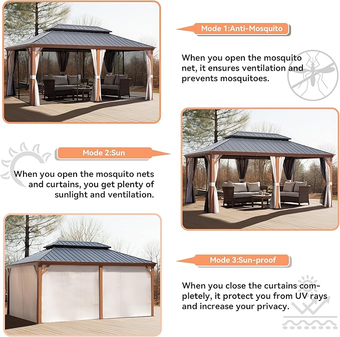 12' X 18' Double-Tier Hardtop Gazebo, Thermal Transfer Faux Wood Metal Gazebo with Galvanized Steel Roof Curtain and Netting, Permanent Gazebo Pavilion for Patio, Backyard, Deck, Lawn