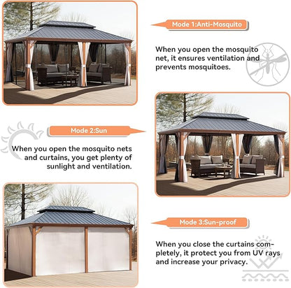 12' X 18' Double-Tier Hardtop Gazebo, Thermal Transfer Faux Wood Metal Gazebo with Galvanized Steel Roof Curtain and Netting, Permanent Gazebo Pavilion for Patio, Backyard, Deck, Lawn