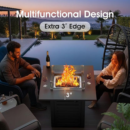 28 Inch Outdoor Propane Fire Pit,50,000 BTU Gas Firepit Table with Steel Lid,304 Stainless Steel H-Burner,Lava Rocks and Wind Guard,Fire Pits for Outside Patio Deck Garden,Black