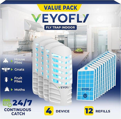 VEYOFLY Fruit Fly Traps for Indoors, Fly Trap Indoor, (4 Device + 12 Refills) Fly Catcher Indoor, Gnat Traps for House Indoor, Fly Trap, Plug in Light Flying Insect Trap, Bug Killer