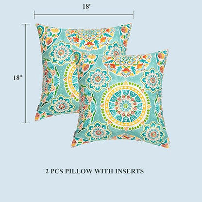 FUNHOME Outdoor Indoor Throw Pillows 18”x18”, Set of 2 Decorative Throw Pillows with Inserts, All Weather Water-Repellent Square Pillows for Bed, Couch, Sofa and Patio Furniture -Cyan Circle