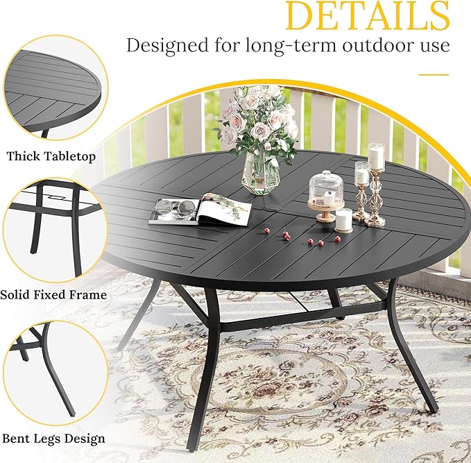 VICLLAX 9 Pieces Patio Dining Set for 8 Includes 60" Outdoor Round Table and 8 Patio Swivel Chairs for Lawn Garden, Black Tabletop and Mixed Brown Fabric
