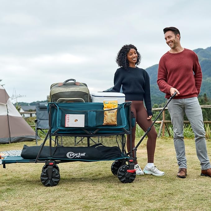 Portal Collapsible Large Double Decker Wagon with Brakes, 660lb Foldable Heavy Duty Utility Wagon Cart, 400L All-Terrain Big Wheels & 54" Extra Long Extender for Sports, Camping & Outdoor Use