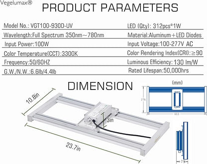 100W LED Grow Light Bar,UV IR Diodes Included,Sunlike Full Spectrum Growing Lamp for Horticulture Indoor Plant Growth Veg Flowering Fruiting,3300K,Aluminum Heat Sink,Power Dimmable