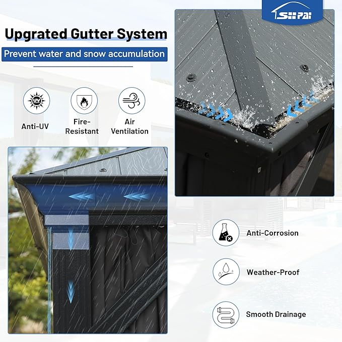 Outdoor Hardtop Gazebo for Patio 10x14FT with Resin-Galvanized Steel Roof, Metal Hard Top Gazebo with Gutters, Heavy Duty Gazebos All Season with Curtains & Netting, for Deck, Backyard, Hot Tub
