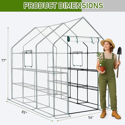 Outvita Walk-in Greenhouse, Outdoor Durable PE Plant Green House for Frost Protection with 3 Tiers 12 Shelves, Shelf Clips, Roll-up Zipper Door, 56"x85"x77" White