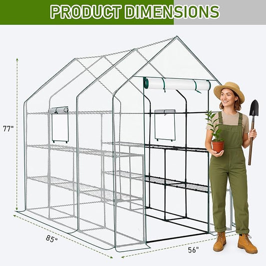 Outvita Walk-in Greenhouse, Outdoor Durable PE Plant Green House for Frost Protection with 3 Tiers 12 Shelves, Shelf Clips, Roll-up Zipper Door, 56"x85"x77" White