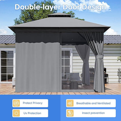 Outdoor Gazebo Metal Frame Patio Pergola Double Roofs Patio Canopy with Double-Layer Door and Mosquito Netting for Deck, Backyard, Lawn (Grey, 10x10FT)