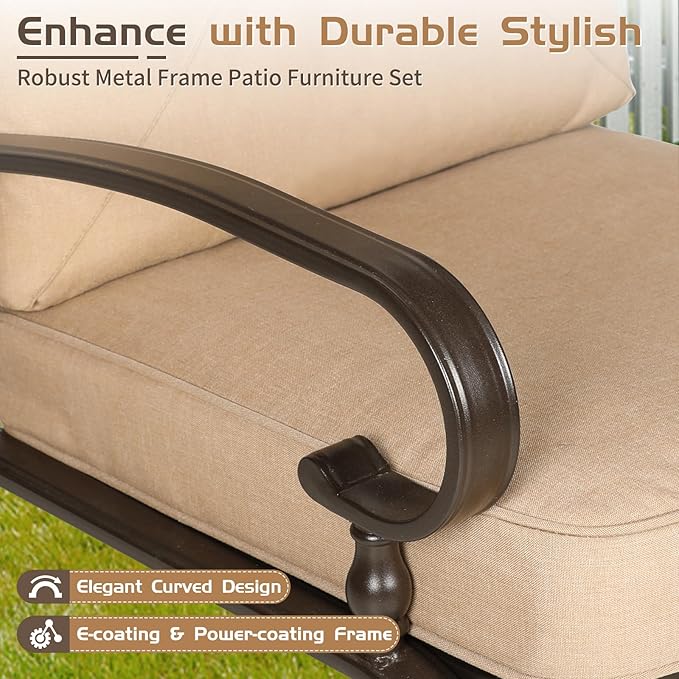 4-Piece Outdoor Metal Furniture Sets Patio Conversation Set Wrought Iron Loveseat, 2 Single Chairs, Coffee Table with Cushion, Lawn Front Porch Garden, Brown