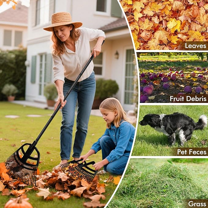 2 in 1 Garden Leaf Rake & Leaf Scoops, Adjustable Leaf Rake for Lawns with Grabber, Hand Rakes for Picking Up Leaves,Pine Needles, Gravel