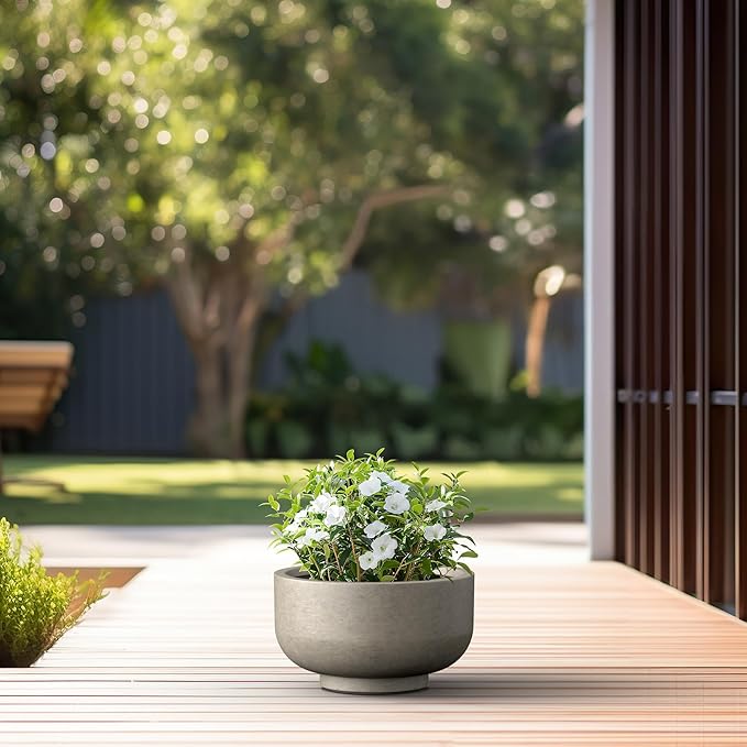 Kante 13.8 Inch Dia Concrete Bowl Planter, Large Tapered Bottom Plant Pot with Drainage, Smooth Weathered Concrete Finish with Warm Brown Interior, Ideal for Porch, Home, Garden, Patio