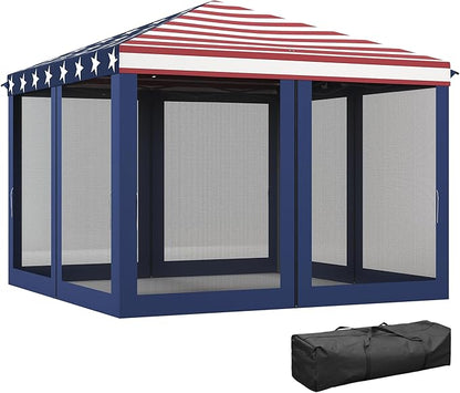 Outsunny 10' x 10' Pop Up Canopy Tent with Netting, Instant Gazebo, Screen House Room with Carry Bag, Height Adjustable, for Outdoor, Garden, Patio, Camping, Blue and Red