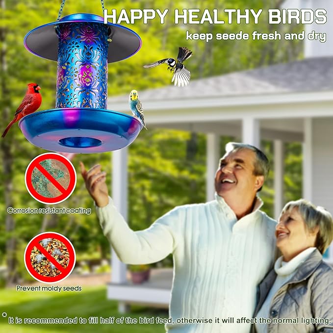 XDW-GIFTS Bird Feeder for Outdoors Solar Hanging Bird Feeder Bird House with Cardinal Feeder Large Capacity Metal Wild Bird Feeder for Garden Decor Unique Gifts & Patio Decor (Blue, 8 INCH)