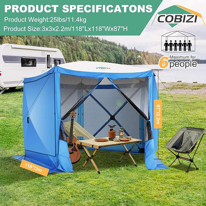 COBIZI 10x10 Pop up Gazebo Screen House Tent for Camping, Pop-up Camping Canopy with Sidewalls,Portable Outdoor Quick-Set Hub Tent with Carrying Bag&Ground Stakes,Blue(Upgraded 2.0)