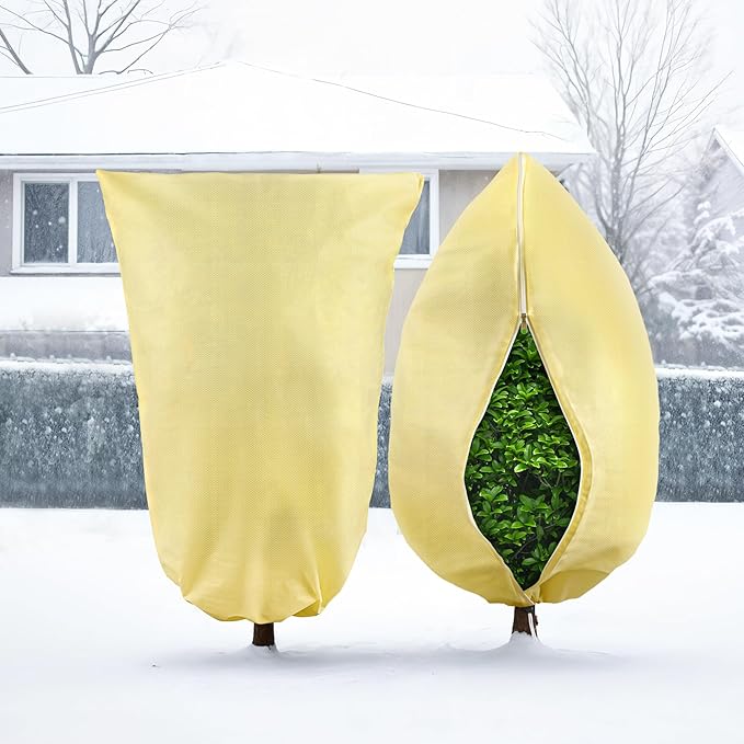 Plant Covers Freeze Protection, 2 Pack 47''× 71'' Beige Frost Cloths Blankets with Zipper Drawstring Shrub Tree Covers for Winter Outdoor Plants Freeze Protection