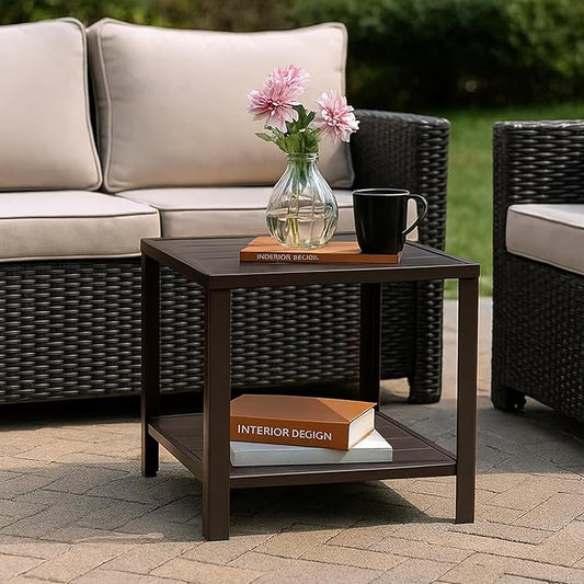 NATURAL EXPRESSIONS Outdoor Coffee Table Patio Metal Table All Weather Backyard Conversation, 20 inches, for Balcony, Poolside, Deck, Garden, Indoor, Ootdoor, Brown.