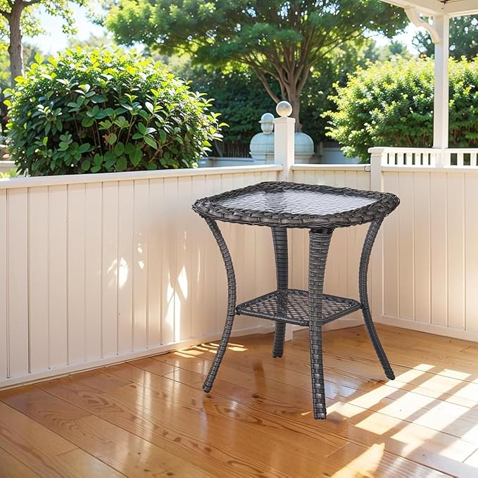 Outdoor Side Tables for Patio, Wicker/Rattan End Tables, Outdoor Wicker Side Table, Grey Rattan Glass Top Patio Side Table