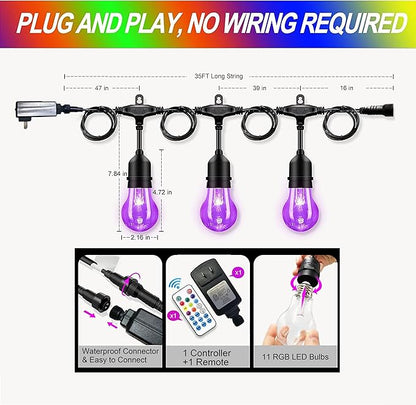 Auroraworld 35FT RGB Outdoor String Lights, Dimmable Color Changing Waterproof LED Patio Lights with Remote & E26 Shatterproof Edison Bulbs for Bistro Backyard Garden Party Decor