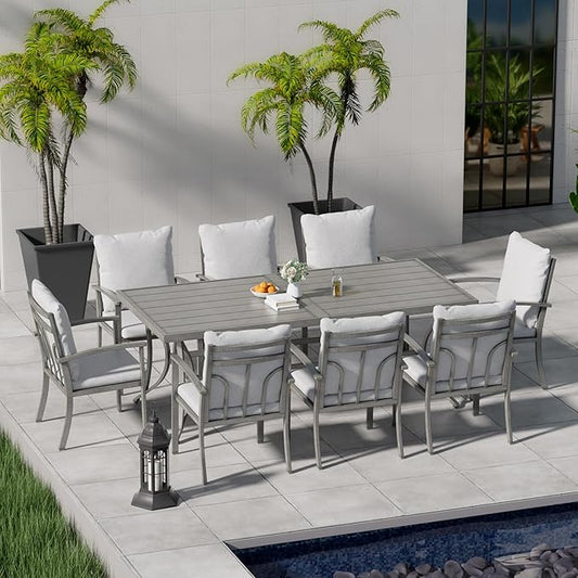 HAPPATIO 9-Piece Patio Dining Set - All Aluminum Table and Chairs for 8, Includes Rectangular Table and 8 Chairs with Cushions, Lawn, Garden