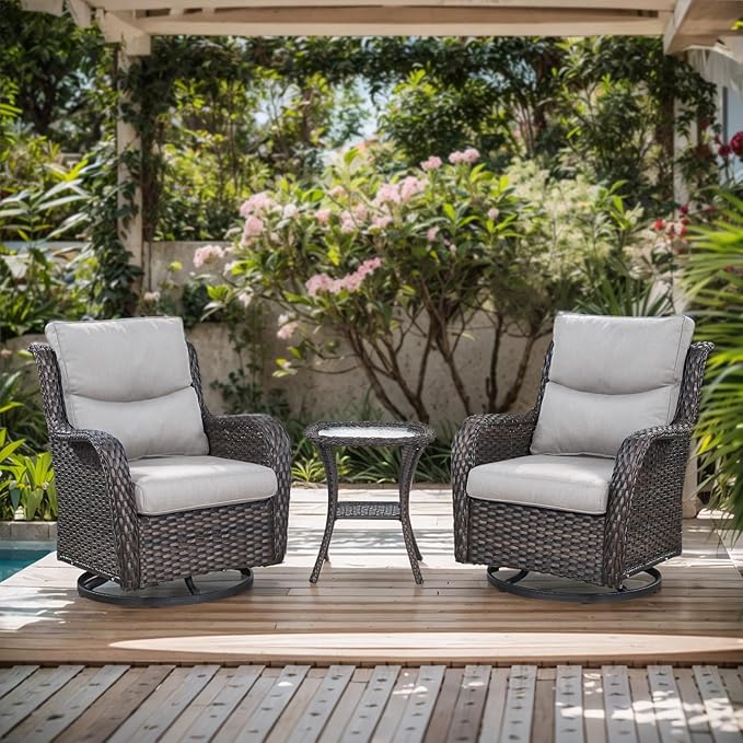 Patio Swivel Chairs with Smile-Shaped Cushions, 3 Piece High Back Patio Swivel Glider Chairs with Side Table 3PCS PE Rattan Luxury Patio Conversation Set Brown Wicker | Beige Cushions