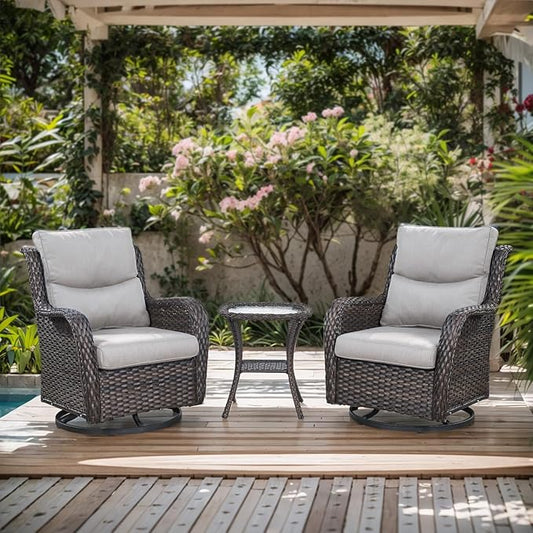 Patio Swivel Chairs with Smile-Shaped Cushions, 3 Piece High Back Patio Swivel Glider Chairs with Side Table 3PCS PE Rattan Luxury Patio Conversation Set Brown Wicker | Beige Cushions
