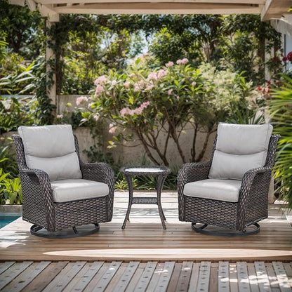 Patio Conversation Set with Smile-Shaped Cushions, Luxury Outdoor Swivel Chairs with Side Table and Ottomans, 5PCS PE Rattan Swivel Glider Chairs Set, Brown Wicker|Beige Cushions