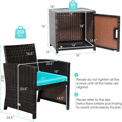 Tangkula 3 Pieces Outdoor Wicker Conversation Set with Waterproof Cover, 2 Patio Rattan Cushioned Chairs with Side Storage Table, Suitable for Front Porch, Balcony, Garden, Poolside (Turquoise)