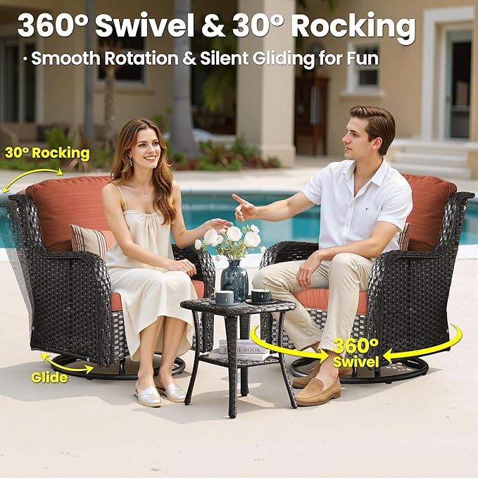 ovios 5 Pieces Patio Furniture Set, Outdoor Wicker Sofa Couch with Swivel Chairs 42" Fire Pit Table, High Back All Weather Modern Conversation Sets, Brown Rattan, Orange Red