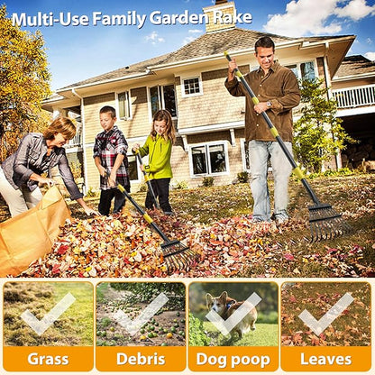 Rake, Garden Leaf Rakes for Lawns Heavy Duty, Yard Metal Rake Tools with 9" Small Narrow Rake Head, 65” Adjustable Long Handle, 11 Steel Tines, Quick Clean up Rake for Shrub, Flower Bed, Camping