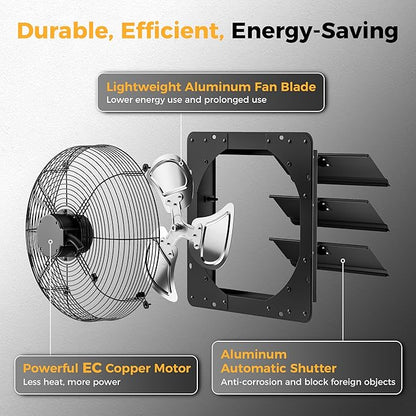 14 Inch EC Motor Shutter Exhaust Fan, 6 Inch Large Touchscreen Controller for Temp Humidity and Speed Control, 10-Speed Wall Mount Fan for Attic, Greenhouse, Garage, Chicken Coop Ventilation