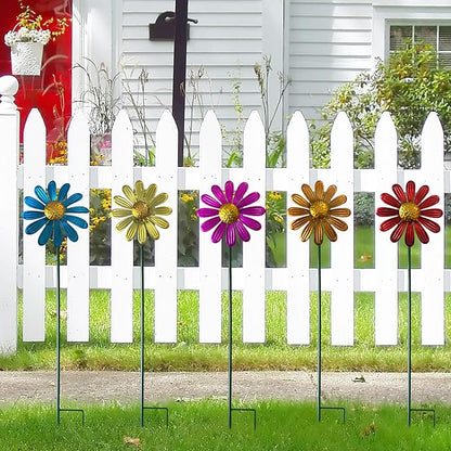 5pcs Wind Spinners Metal Colorful Flowers Garden Stake, Small Daisy Pinwheels, 27" Windmill for Yard Decor, Lawn Ornaments Outdoor Garden Décor, Metal Yard Art, Christmas Decoration Gift