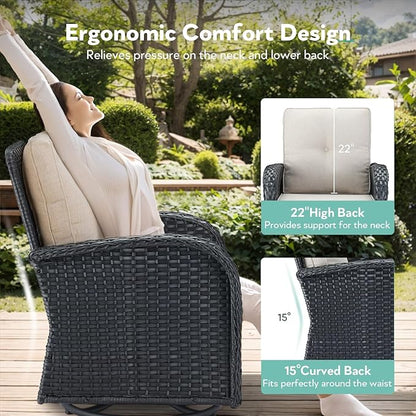 Outdoor Swivel Glider Rocker Chairs - 3 Piece Patio Furniture Set, Patio Bistro Sets with Tempered Glass Side Table, for Balcony, Porch - Black Wicker Beige Cushion