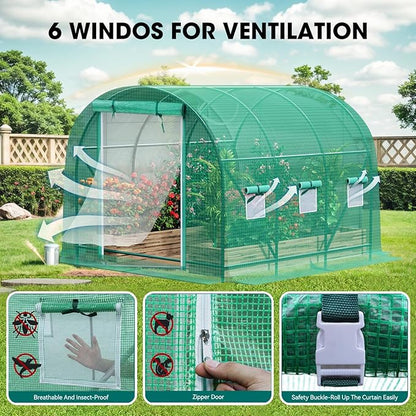 Grezone Walk-in Greenhouse Upgraded Green House with Zippered Screen Doors & 6 Screen Windows Heavy Duty Plastic Plant Warm House with Reinforced Frame (12x7x7 FT)