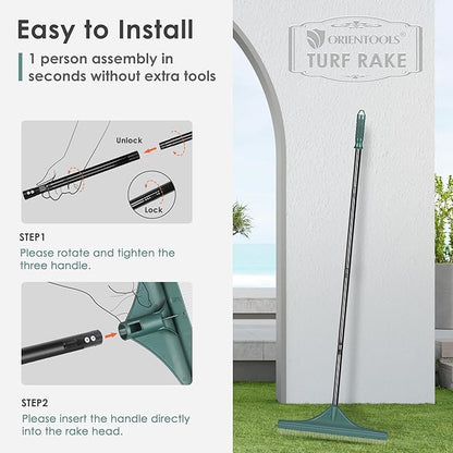 ORIENTOOLS Artificial Turf Rake, Grass Rake with 4 Sections Adjustable Steel Handle from 30" to 53", Hand Telescopic Brush, for Artificial Turf, Patios, Carpets, Pet Hairs and Garden Lawn Clean