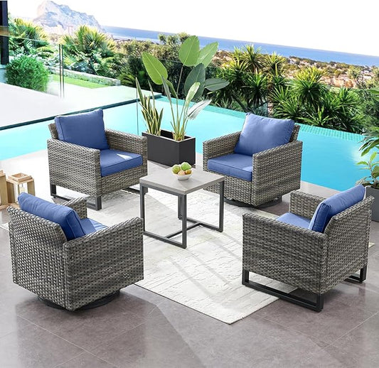 HUMMUH 5 Piece Patio Furniture Set,PE Wicker Patio Swivel Rocker Chairs Outdoor Chairs Set of 2 with Side Table for Porch,Garden,Backyard